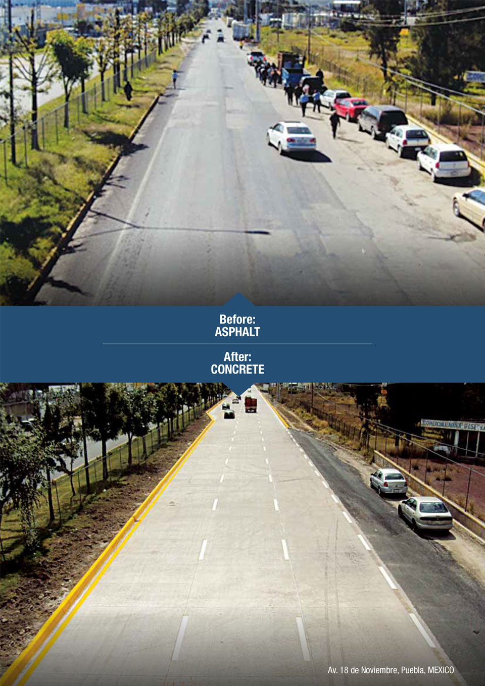 the image shows a before and after of a road with asphalt and then with concrete