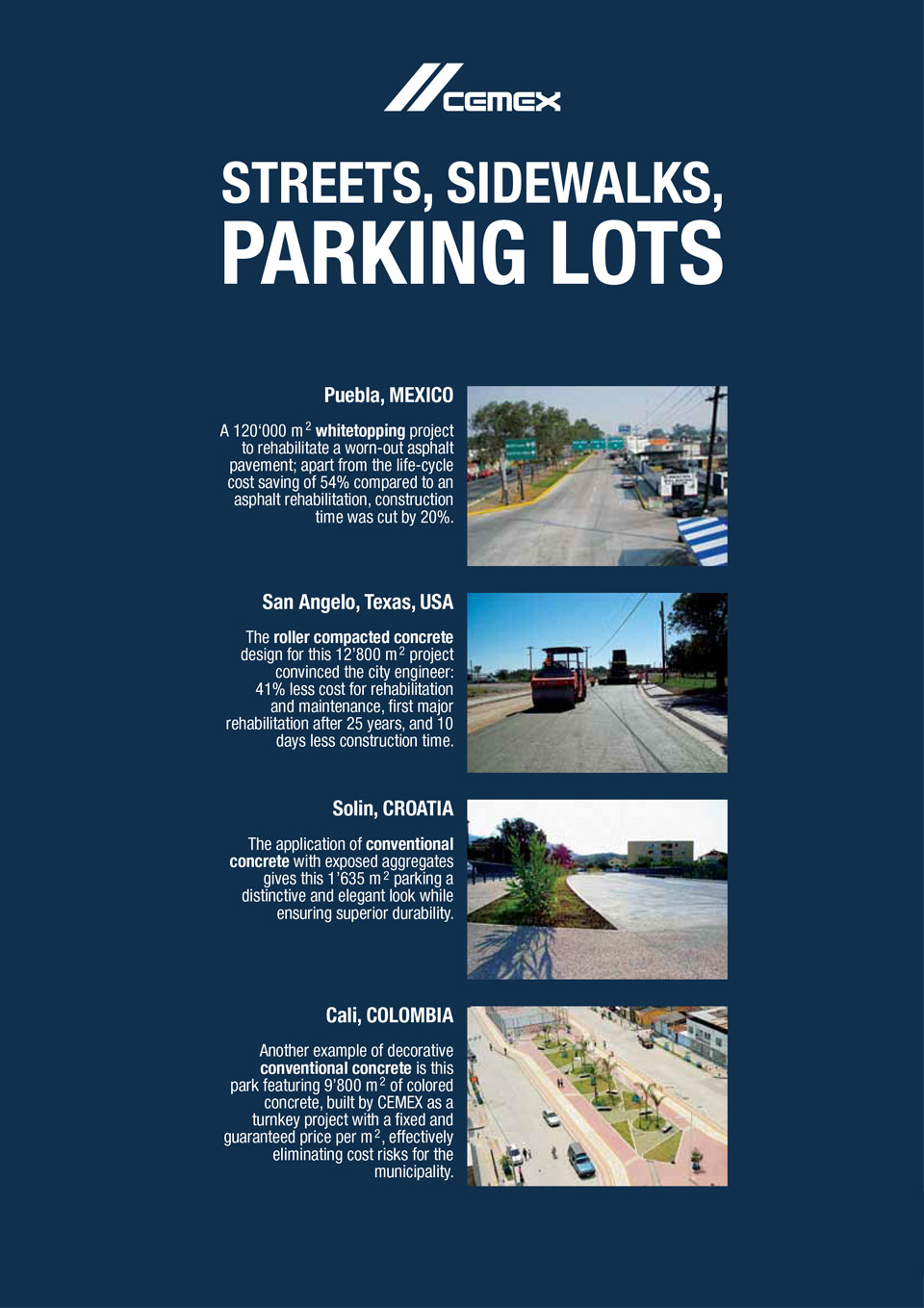 the image shows several streets, sidewalks, and parking lots CEMEX has helped with the construction of